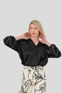 Blouse V crossed satin Black