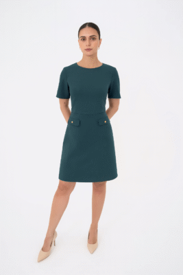 A' Line dress short sleeve pundo with pats Dark Green
