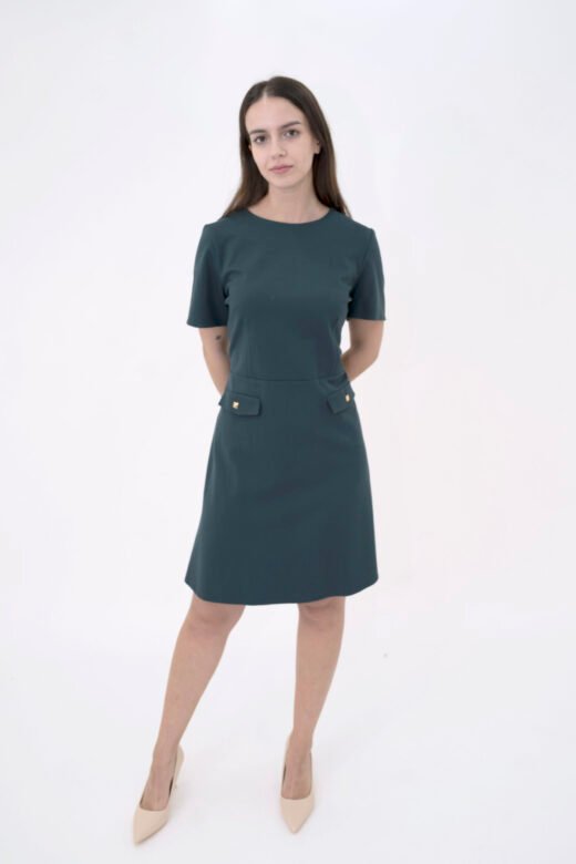 A' Line dress short sleeve pundo with pats Dark Green
