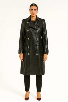 Trenchcoat long Sanduk fabric (leather look) Black