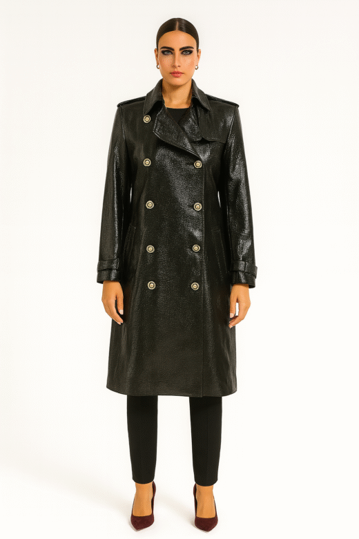 Trenchcoat long Sanduk fabric (leather look) Black