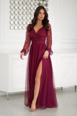 Two layered long evening dress Burgundy