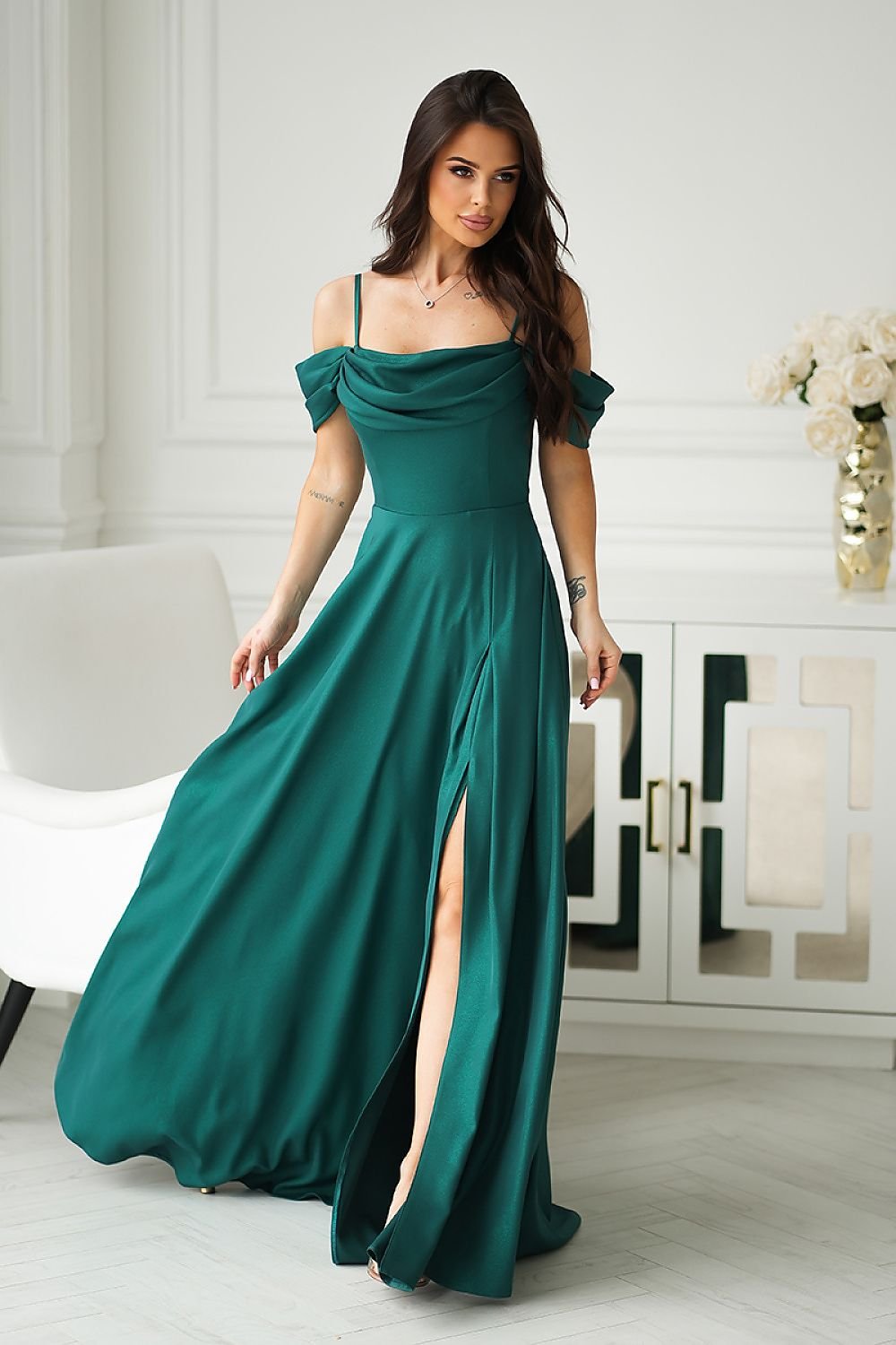 Long evening dress satin Dark Green