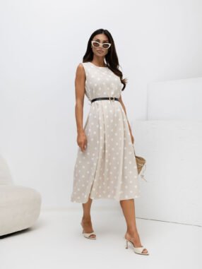 Beige flared dress polkadot with a belt