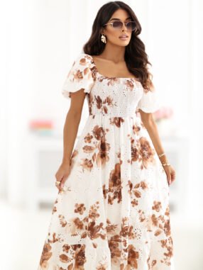 Alternative view of Brown cotton dress with print and embroidery