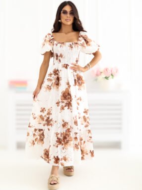 Brown cotton dress with print and embroidery