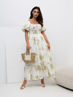 Alternative view of Green cotton dress with print and embroidery