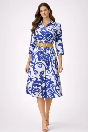 Alternative view of Cotton summer shirt-dress buttoned with belt printed flower Blue