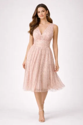 Cocktail midi dress made of tulle with sequins, V-neckline and accented waist Nude