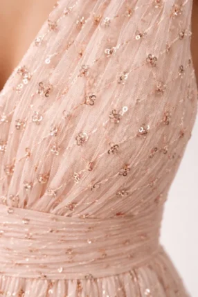 Alternative view of Cocktail midi dress made of tulle with sequins, V-neckline and accented waist Nude