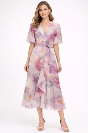 Midi flowered dress summer print crossed waist Nude