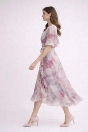 Alternative view of Midi flowered dress summer print crossed waist Nude