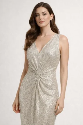Alternative view of Midi party dress draped waist tied-mid Gold