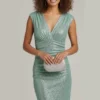 Summer midi dress V neck draped palliete elastic Mint