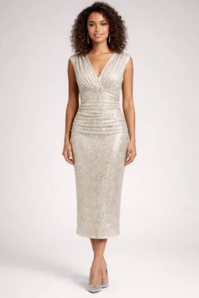 Summer midi dress V neck draped palliete elastic Gold