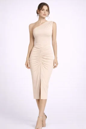 Fitted midi dress with an asymmetrical one-shoulder design Beige