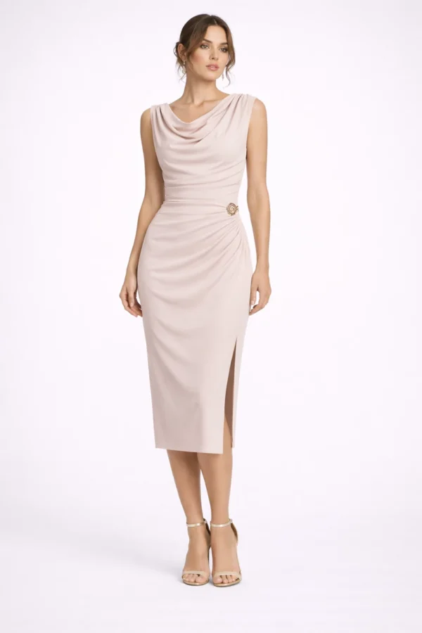 Fitted midi dress with a draped neckline Beige
