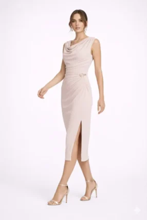 Alternative view of Fitted midi dress with a draped neckline Beige