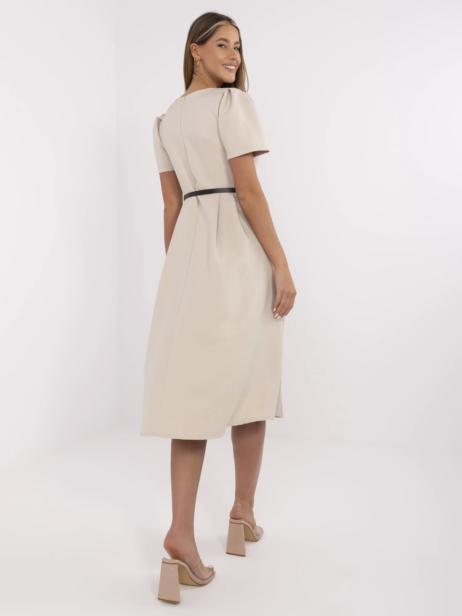 Beige elegant dress with short sleeves - Image 2