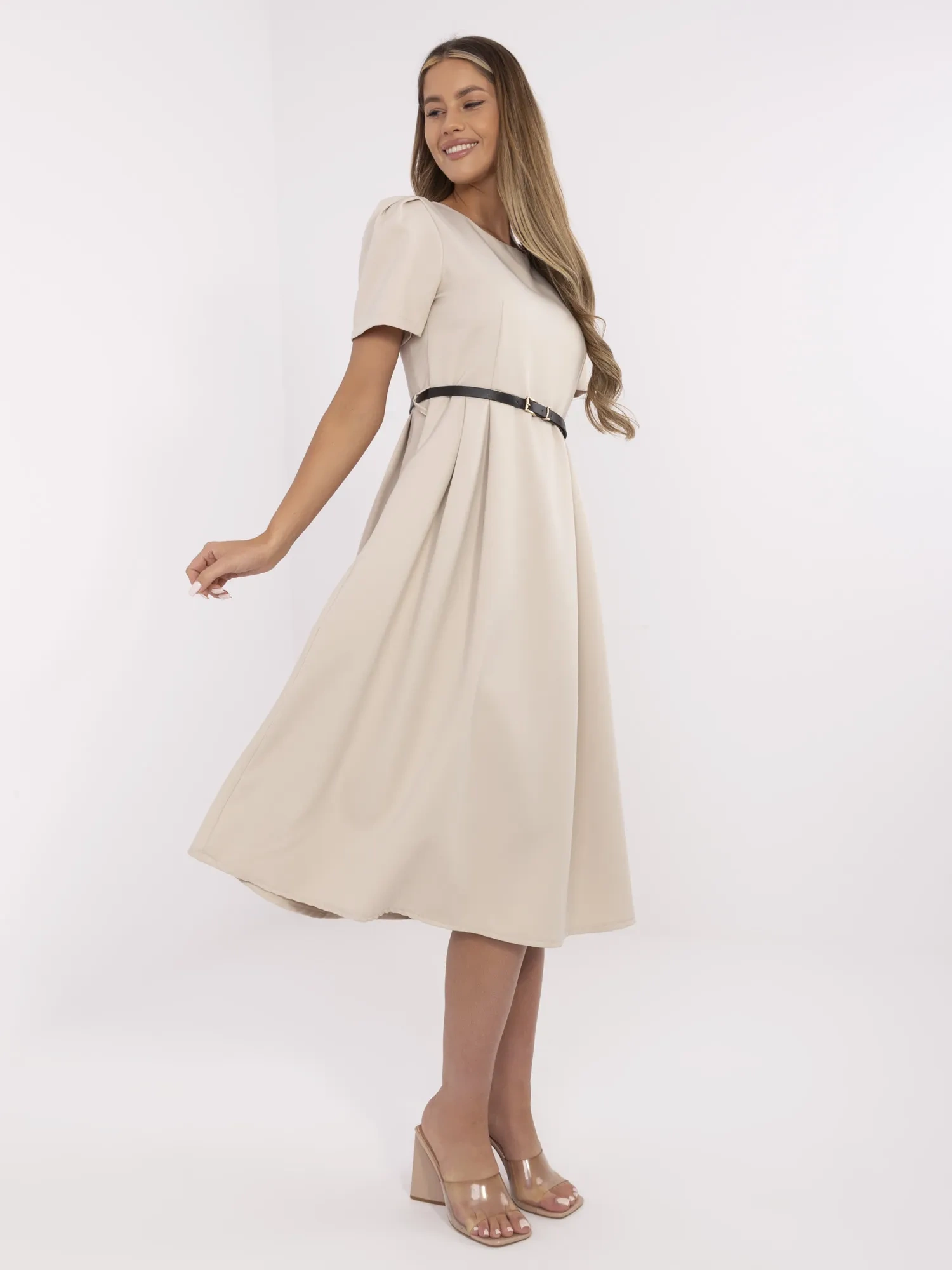 Beige elegant dress with short sleeves - Image 3