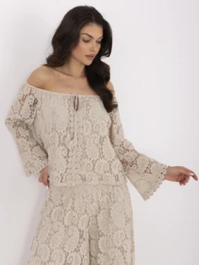 Alternative view of Beige lace blouse with tie detail