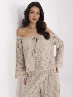Beige lace blouse with tie detail