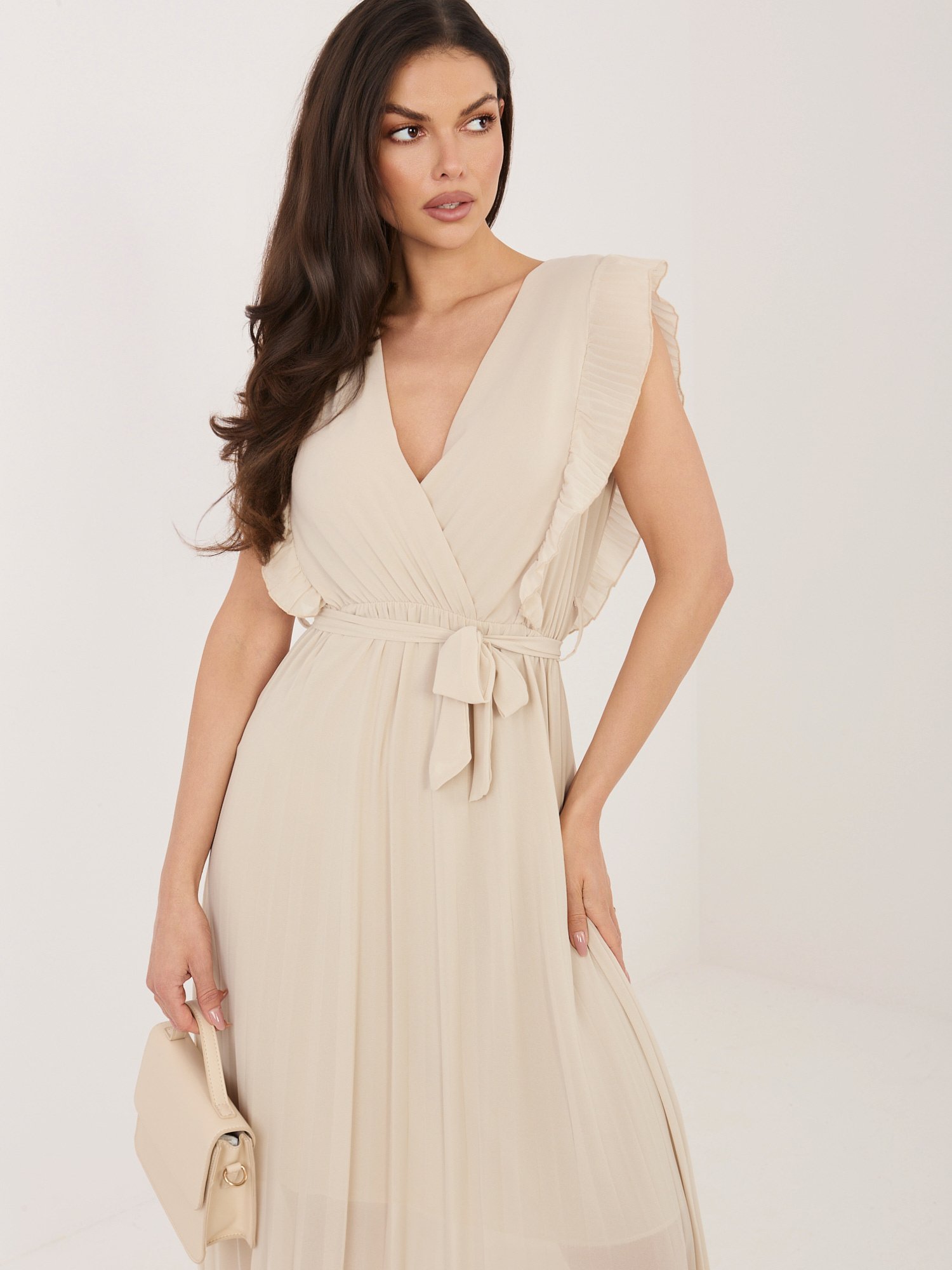 Beige summer dress with a wrap neckline RUE PARIS - Image 5