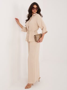 Alternative view of Beige summer set with wide trousers