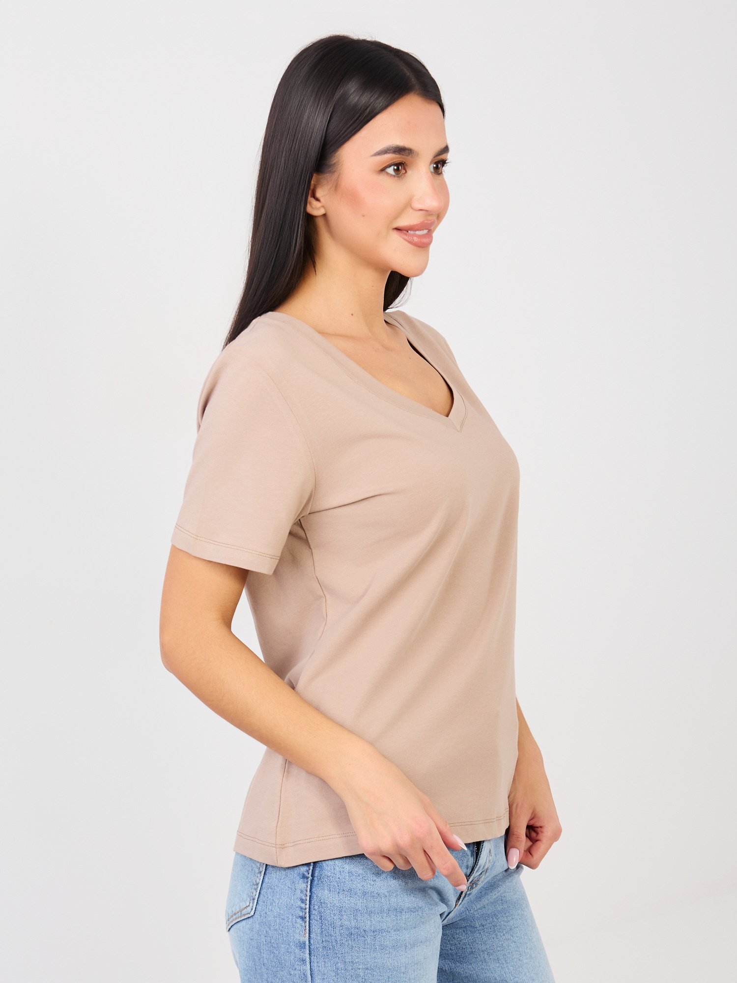 Dark beige cotton basic T-shirt - Image 3
