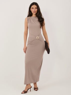 Fango Dark Beige midi dress with draping RUE PARIS
