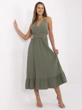 Khaki flared dress with ruffles