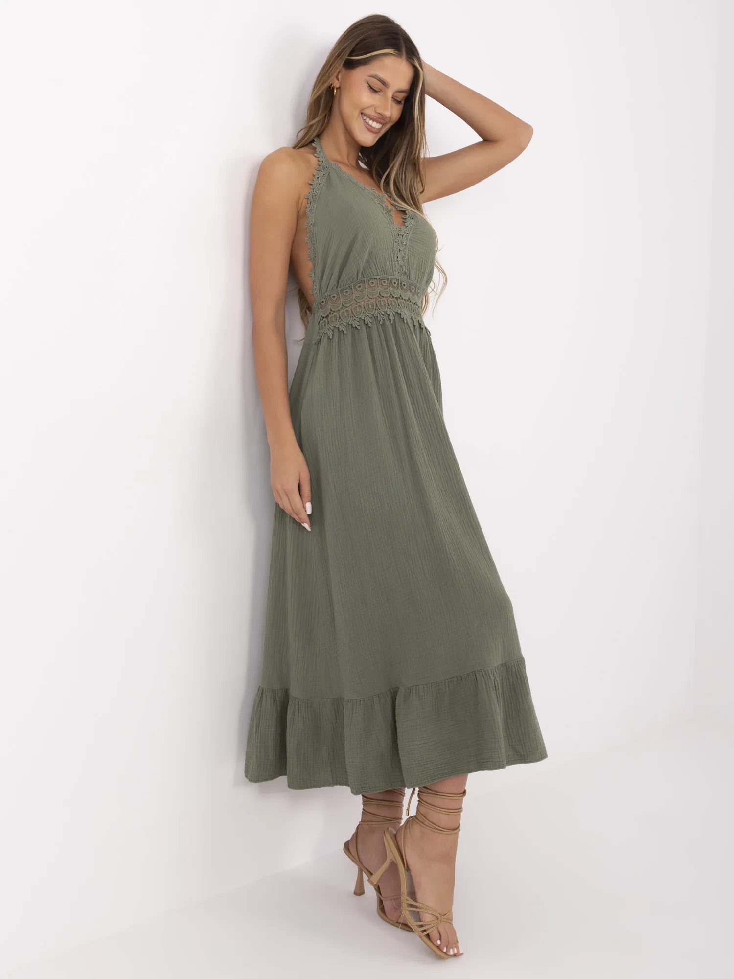 Khaki flared dress with ruffles - Image 3
