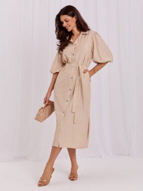 Beige striped shirt dress.