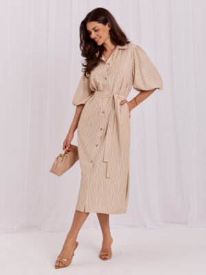 Beige striped shirt dress.