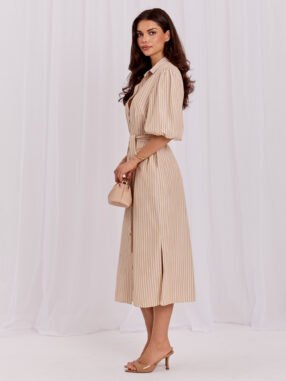 Alternative view of Beige striped shirt dress.