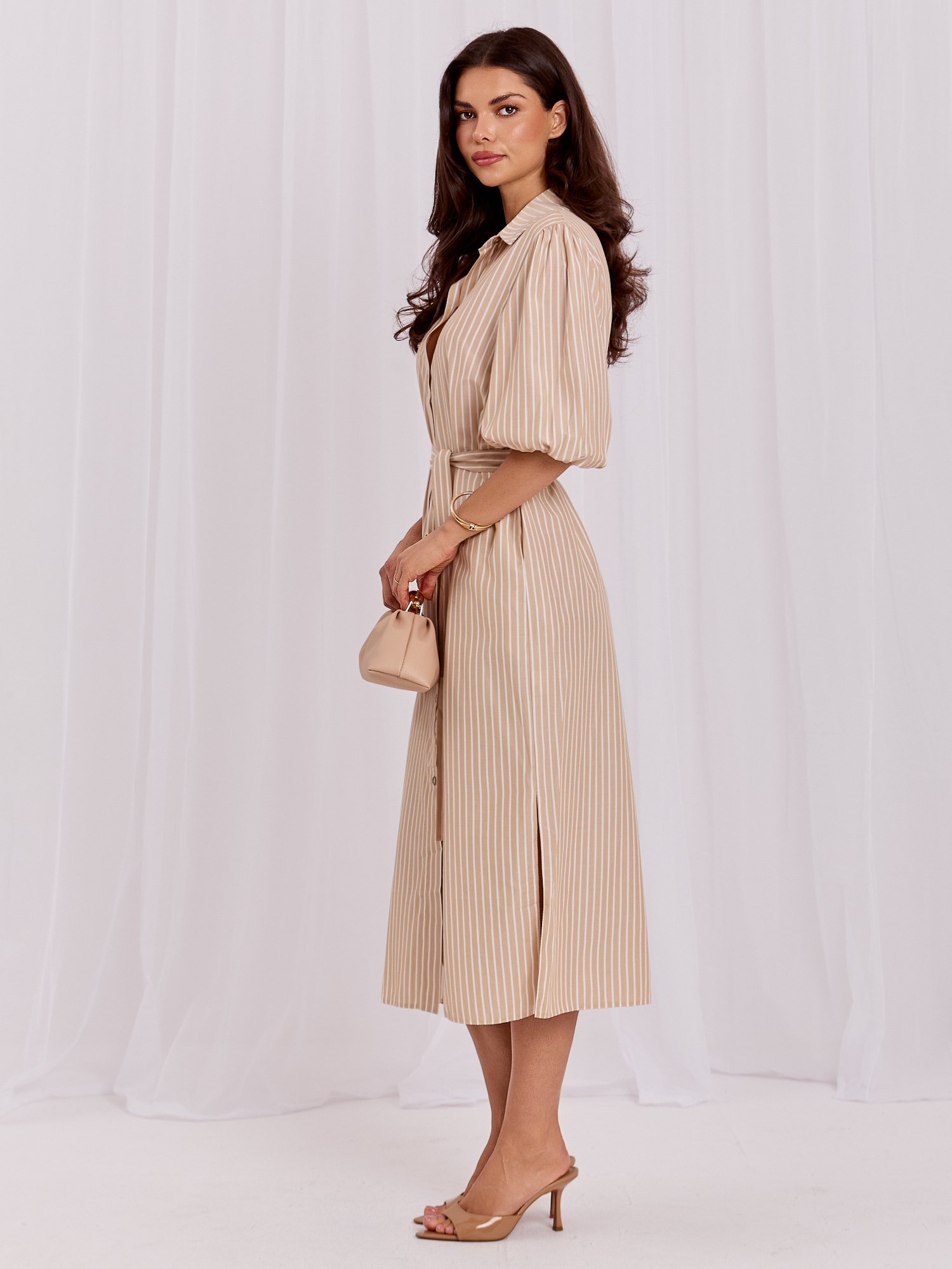 Beige striped shirt dress. - Image 2