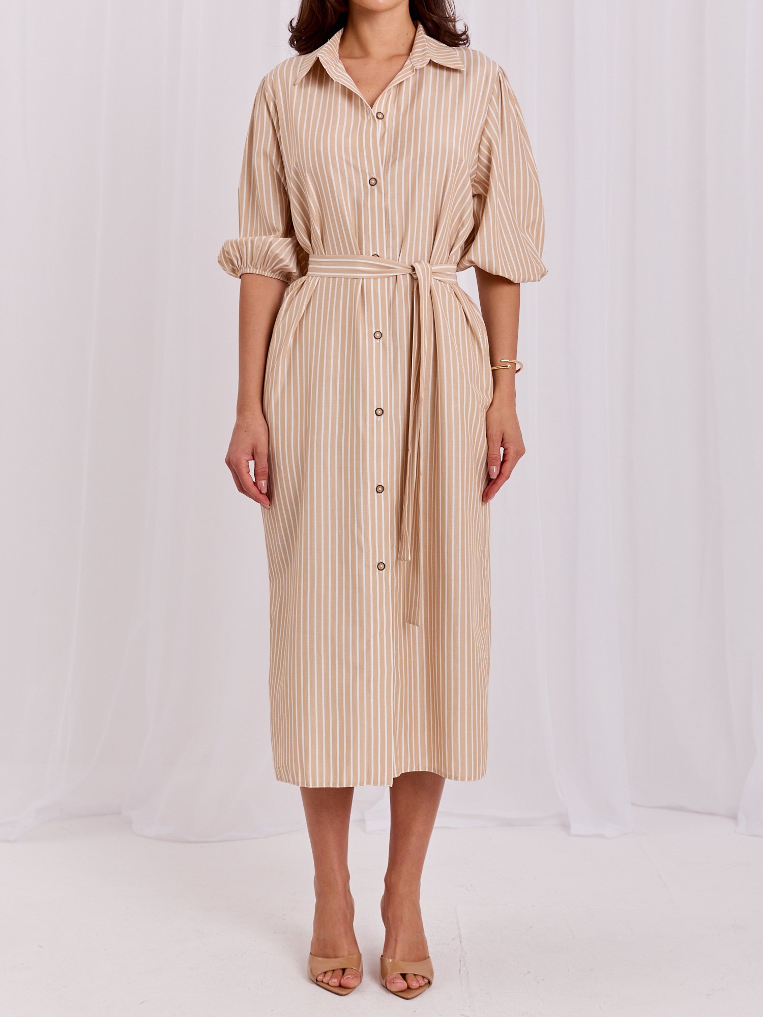 Beige striped shirt dress. - Image 3