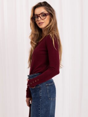 Alternative view of Burgundy fitted sweater with a V-neck.