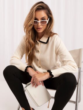 Alternative view of Light beige elegant cardigan with a collar.
