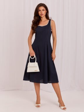 Navy Blue flared summer dress Cotton