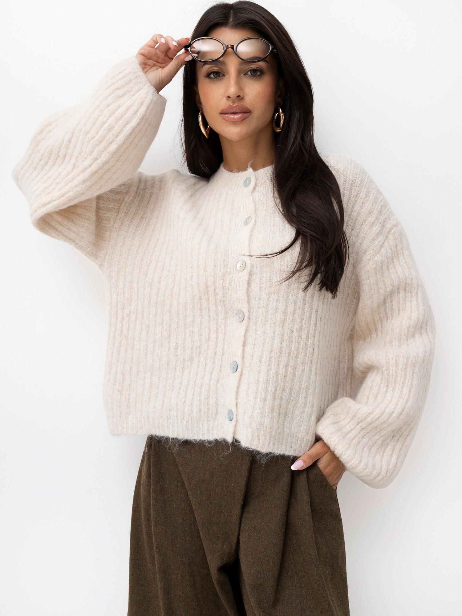 Light Beige women's oversized cardigan with stripes - Image 3