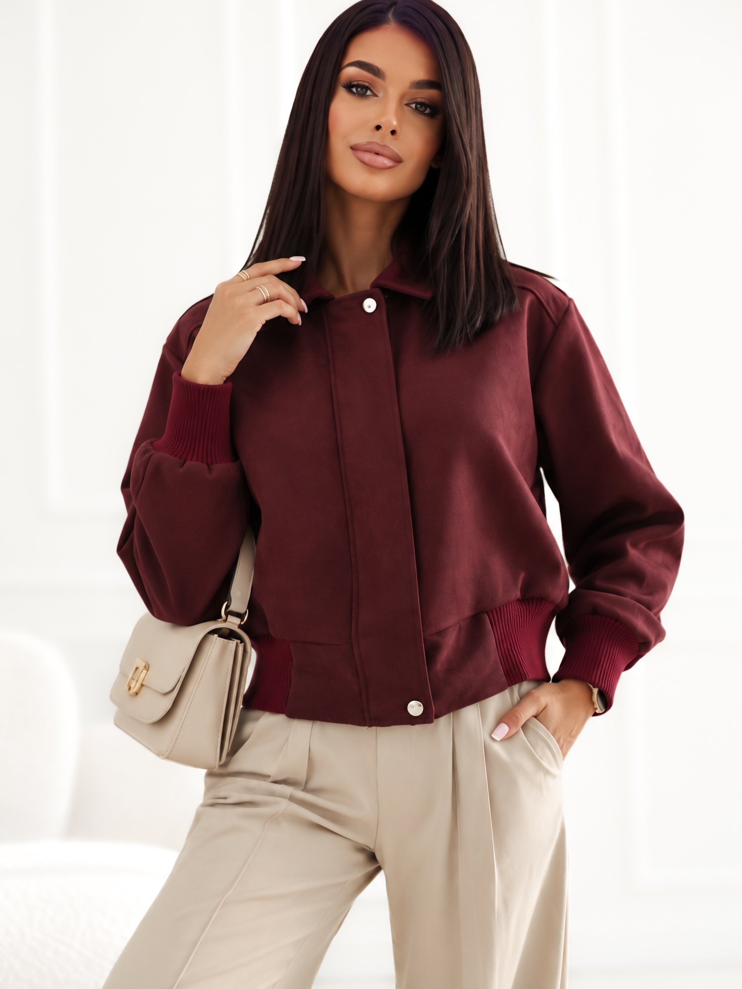 Burgundy jacket with imitation suede and a wide cuff - Image 6