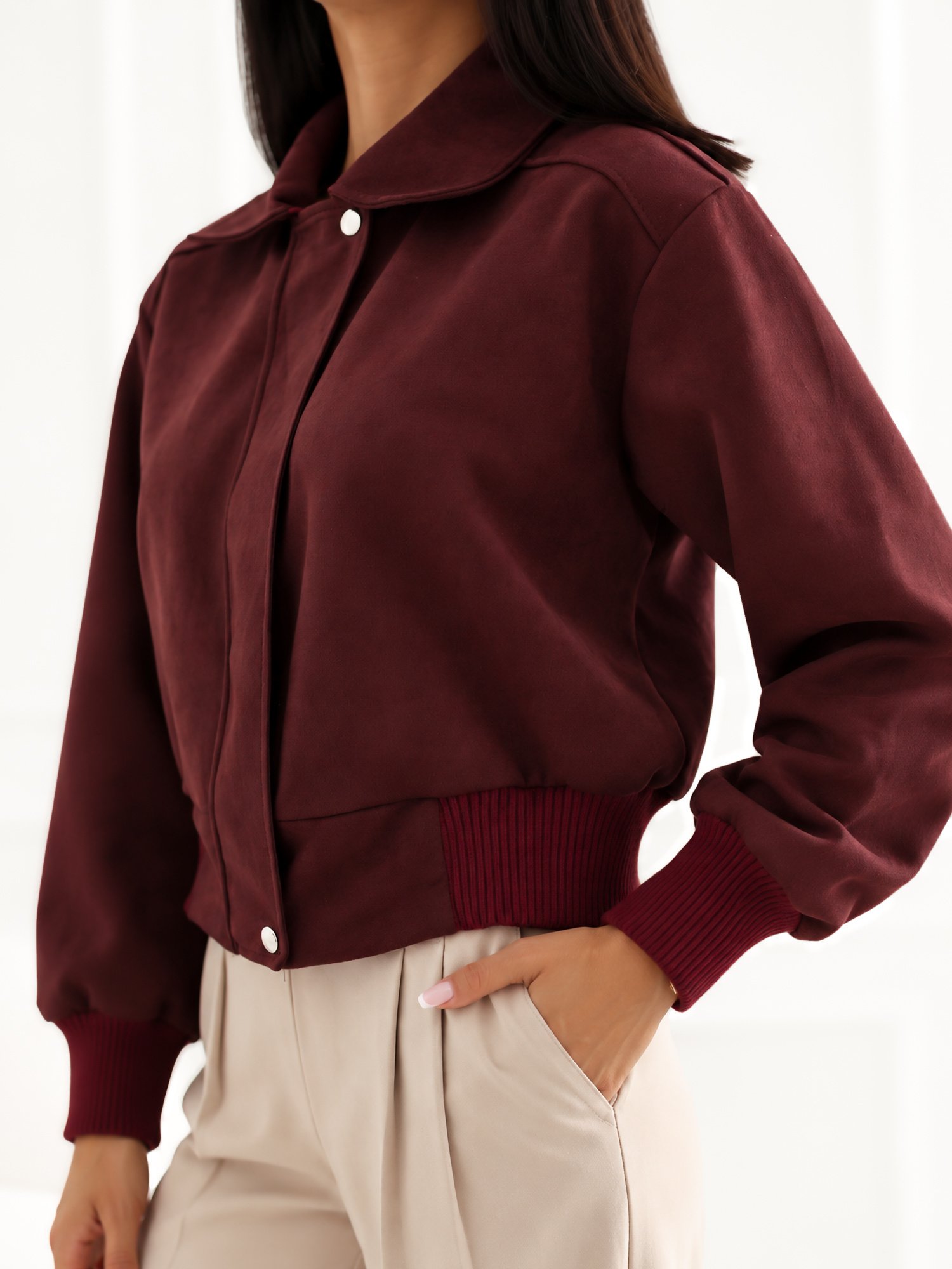 Burgundy jacket with imitation suede and a wide cuff - Image 5