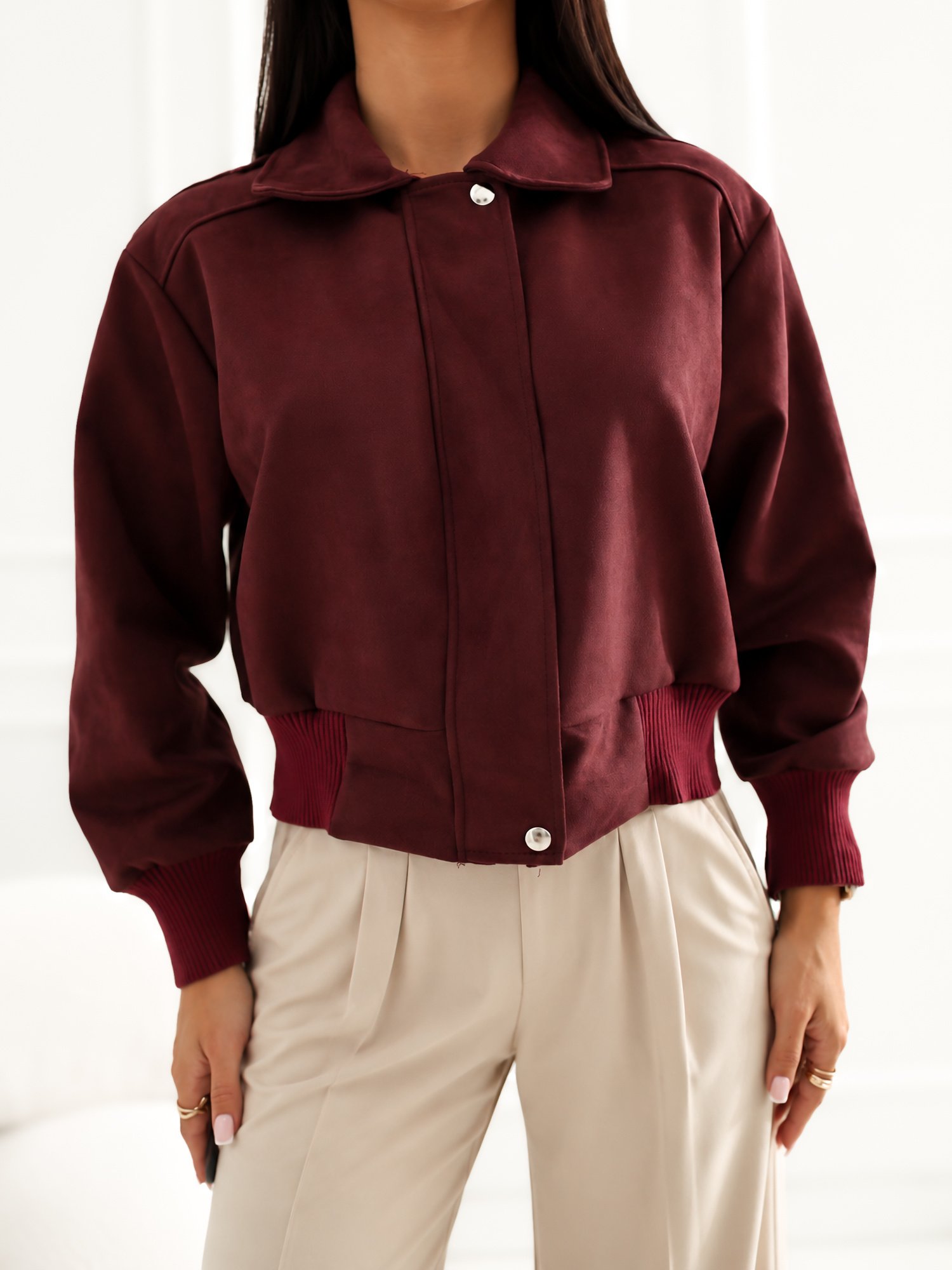 Burgundy jacket with imitation suede and a wide cuff - Image 4