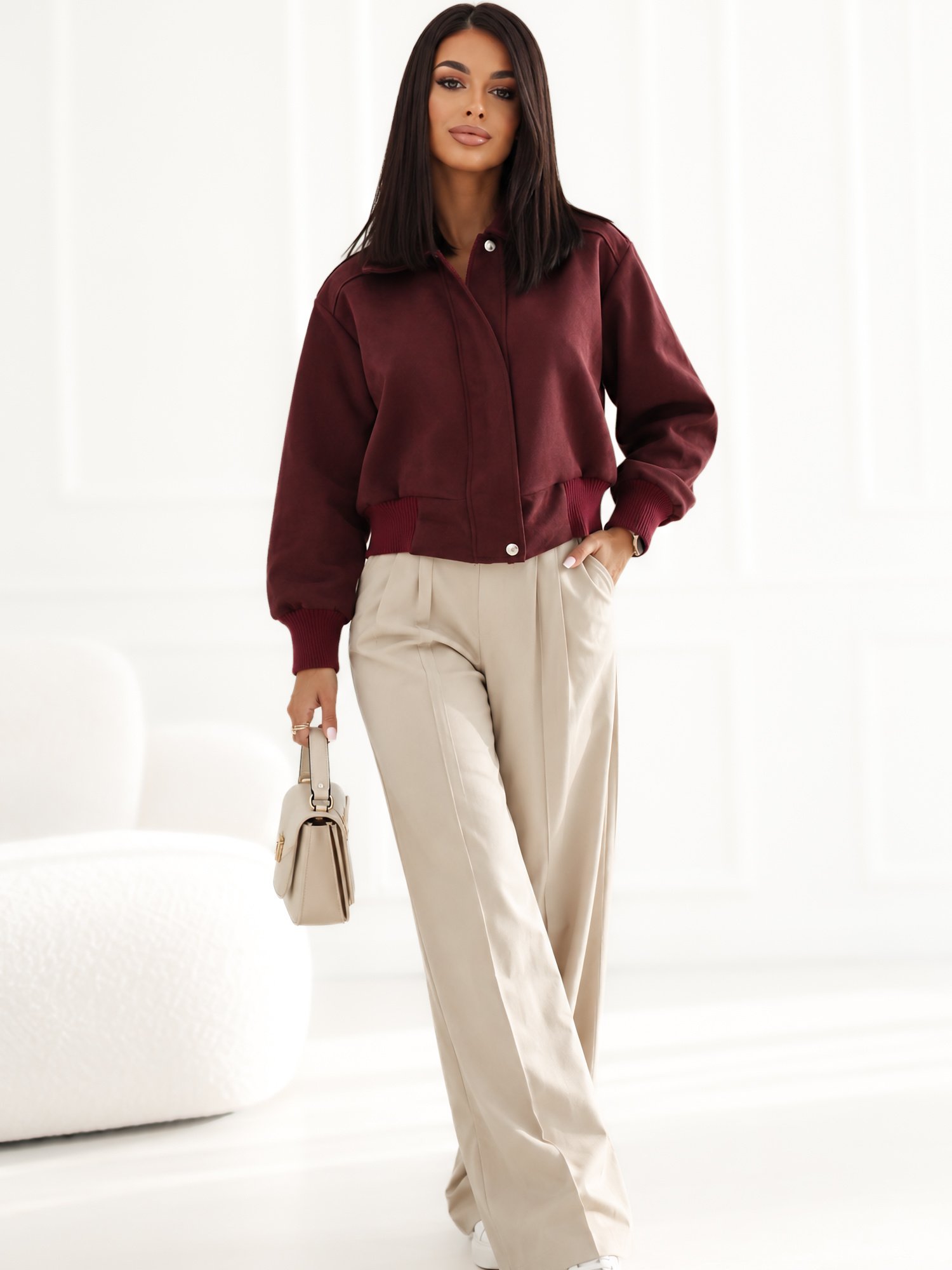 Burgundy jacket with imitation suede and a wide cuff - Image 2