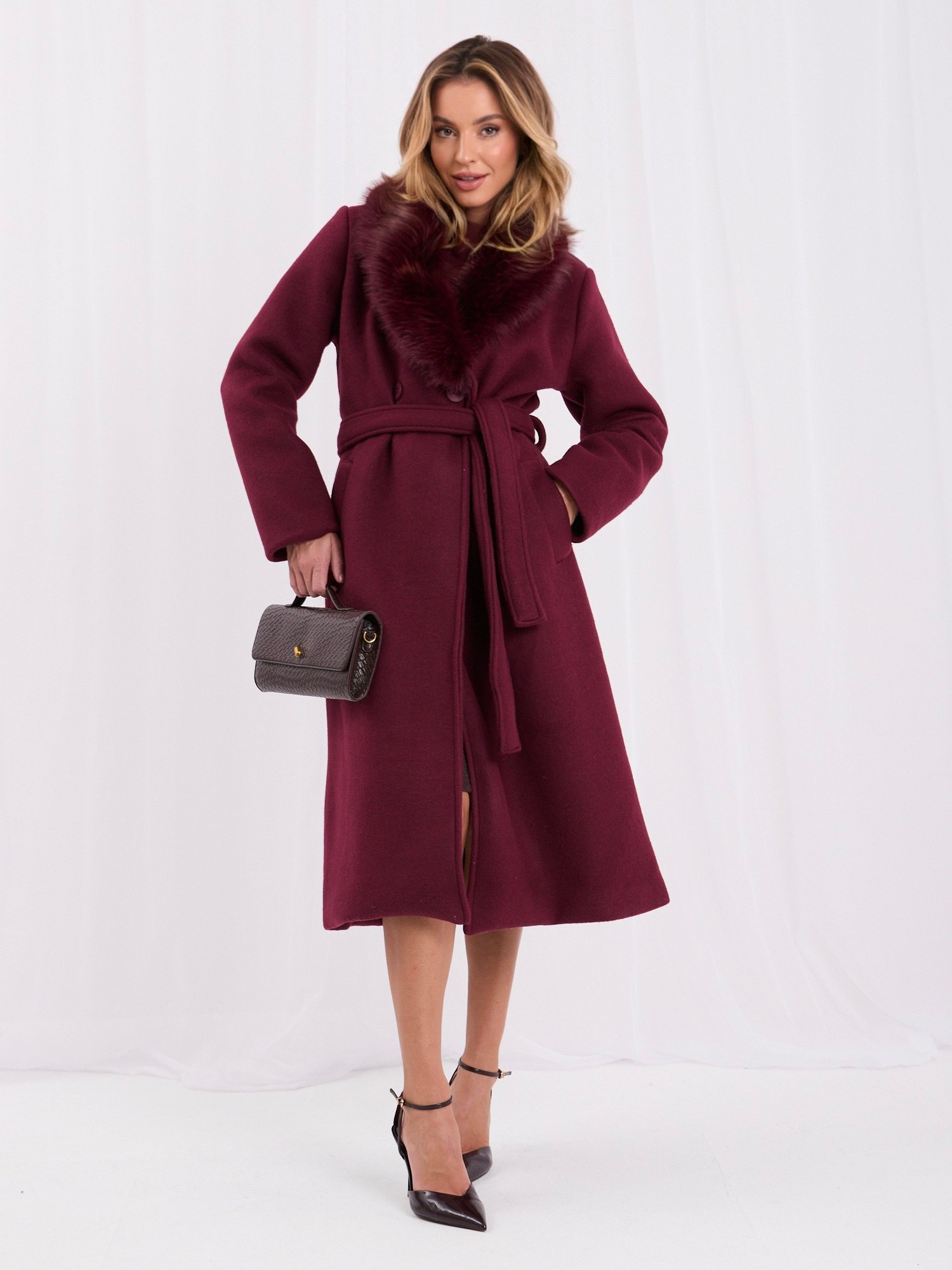 Burgundy double-breasted wool-blend coat