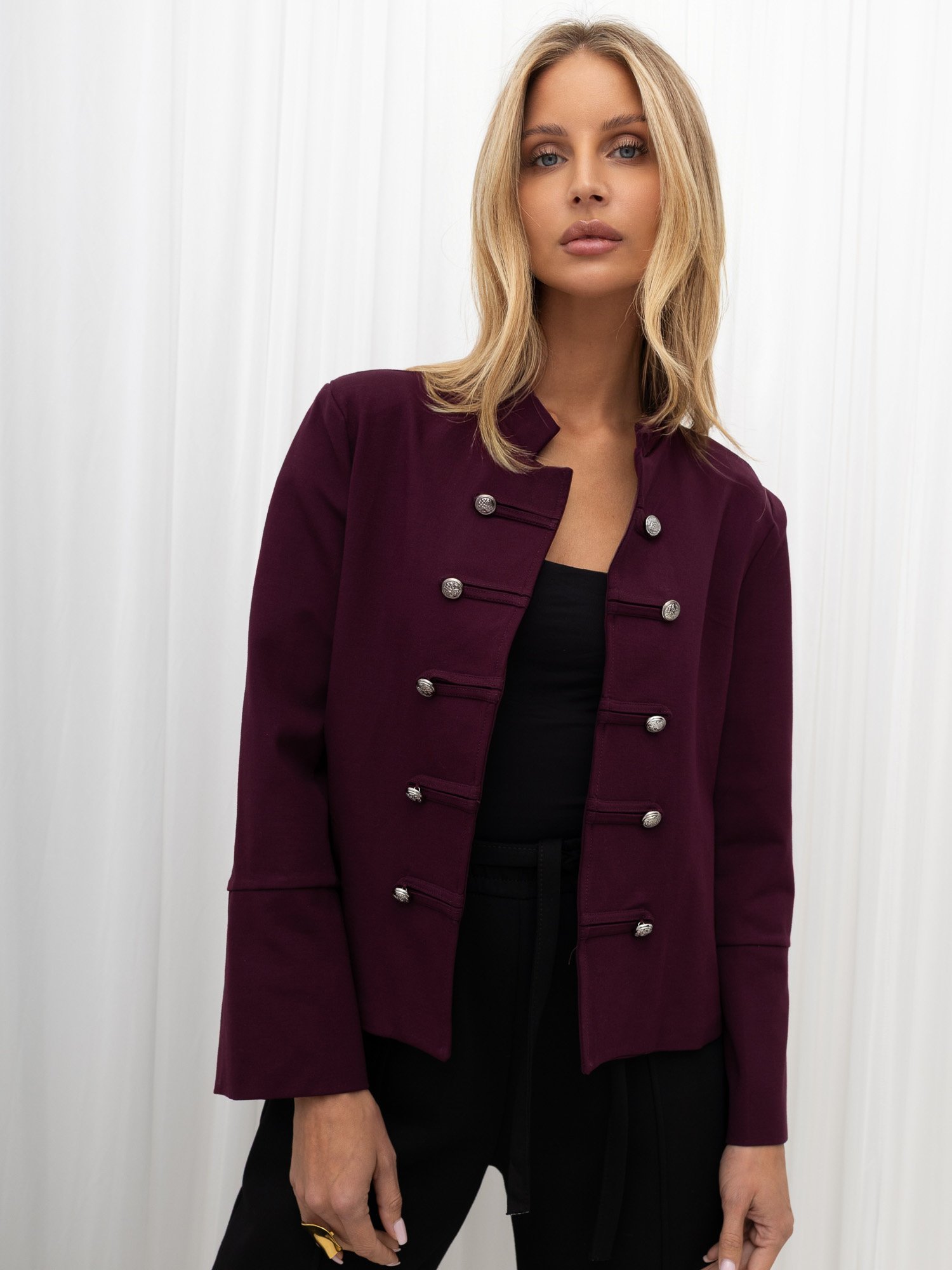 Burgundy jacket with double-breasted jewel buttons