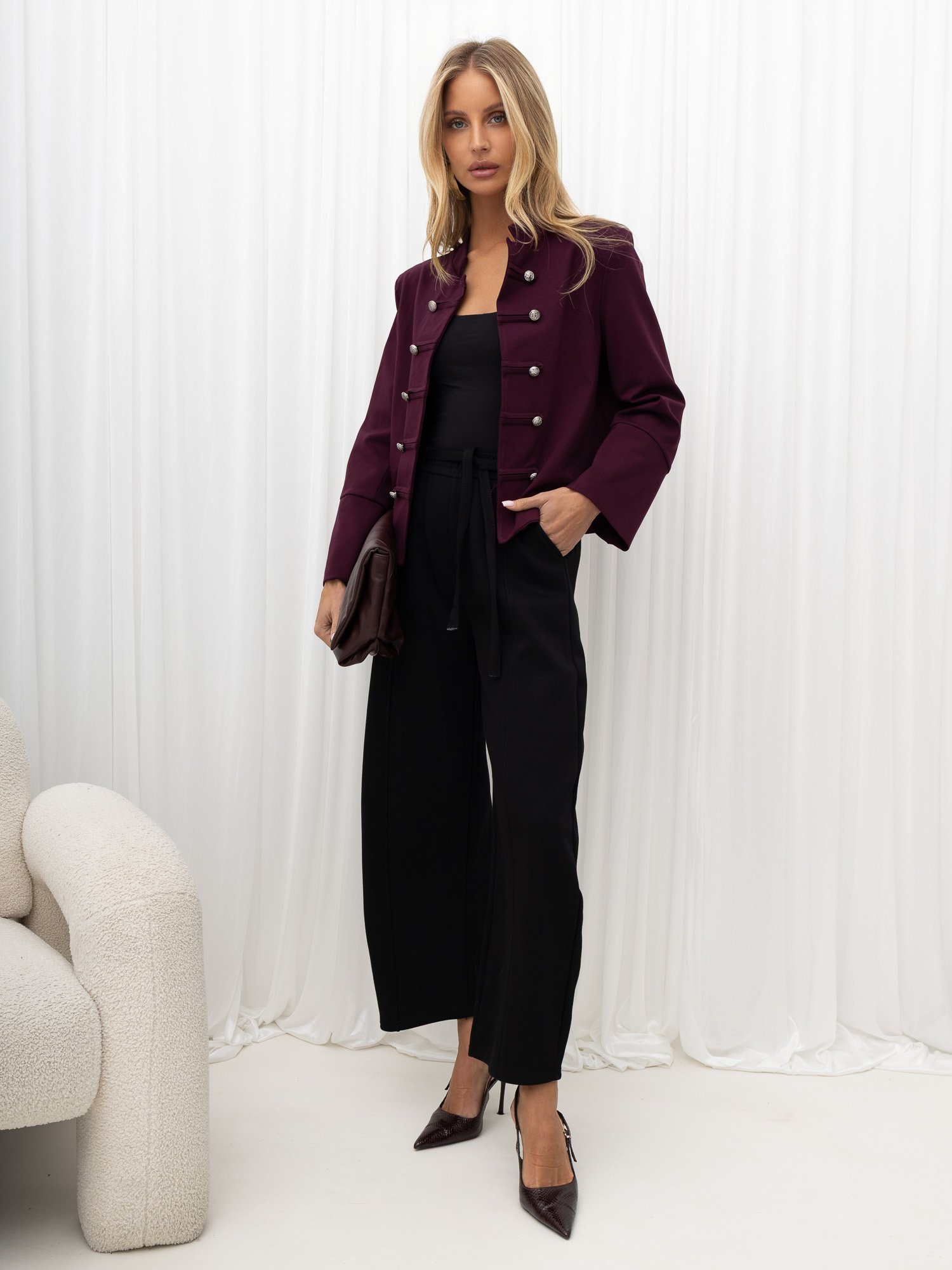Burgundy jacket with double-breasted jewel buttons - Image 3