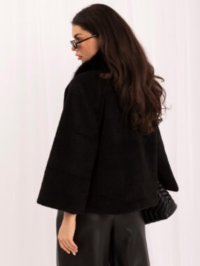Alternative view of Black trapeze coat with button closure