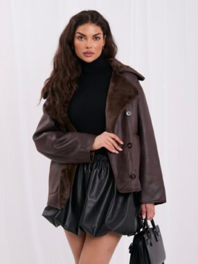 Chocolate oversized sheepskin coat with button closure